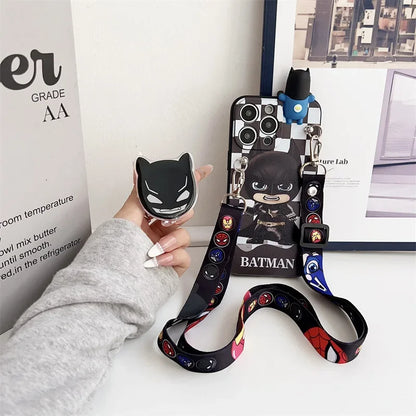 Cartoon 3D Spiderman Plaid Phone Case With Holder Lanyard For iPhone