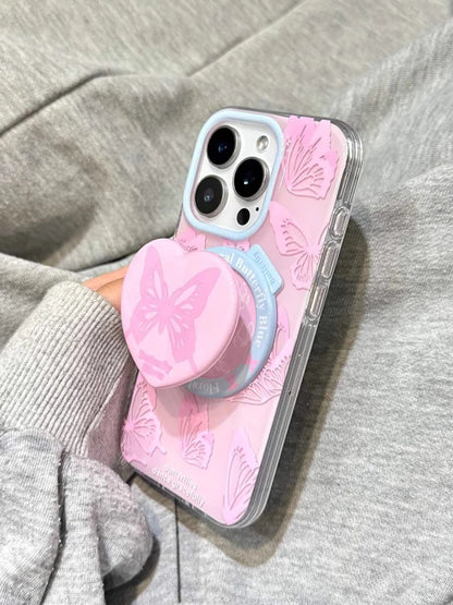 Cute Pink Butterfly Magnetic Grip Tok Stand Holder Phone Case
