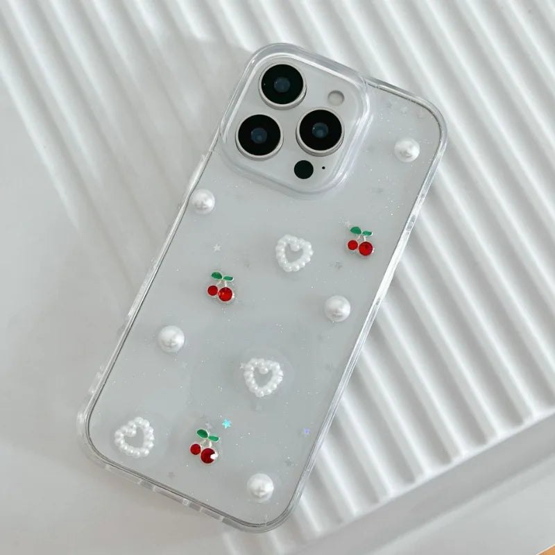 3D Heart Pearl Cherry Phone Case