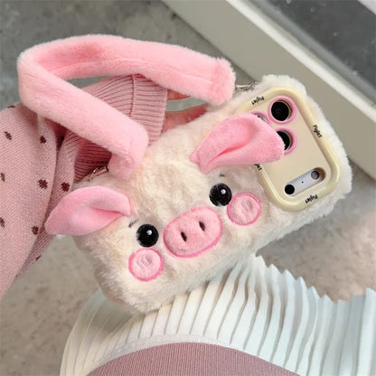 Cute 3D Cartoon Pig Plush Phone Case With Lanyard For iPhone
