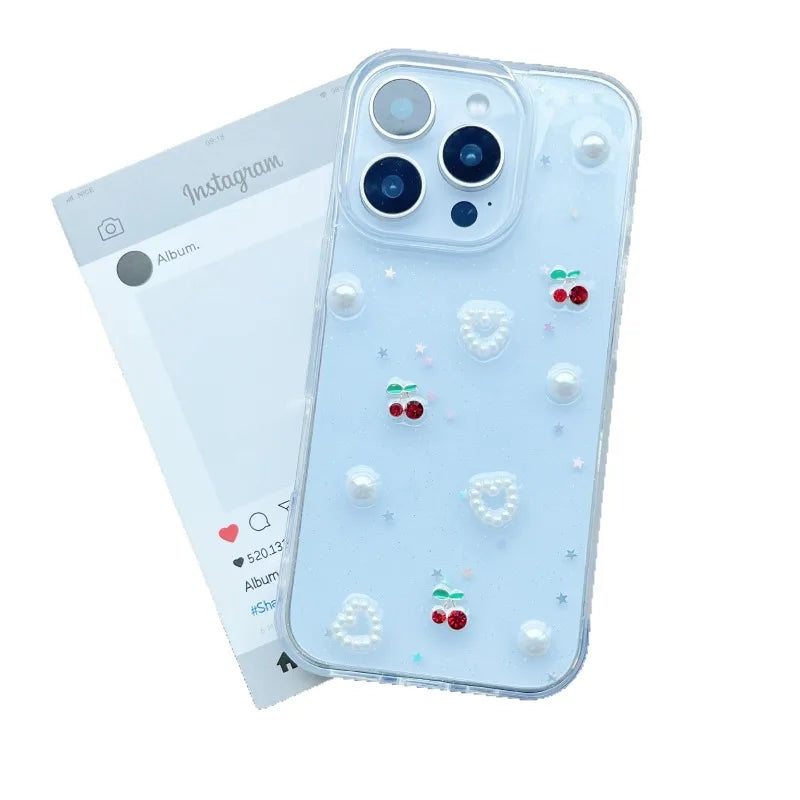3D Heart Pearl Cherry Phone Case