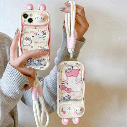 Kawaii Cartoon 3D Ears Quicksand Hello Kitty With Wrist Strap Phone Case For iPhone
