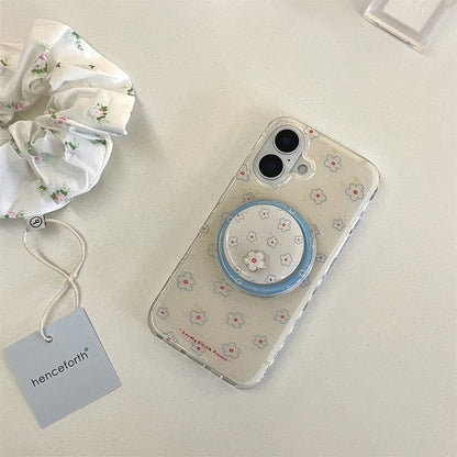 Blue Small Floral Flower Wallet With Holder Cover Phone Case