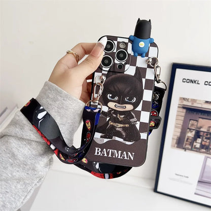 Cartoon 3D Spiderman Plaid Phone Case With Holder Lanyard For iPhone