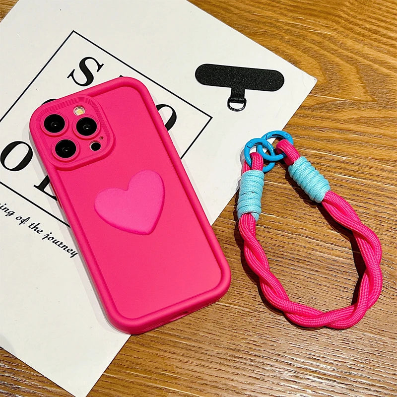 Luxury 3D Love Heart Matte Soft Lanyard Rope Phone Case For iPhone