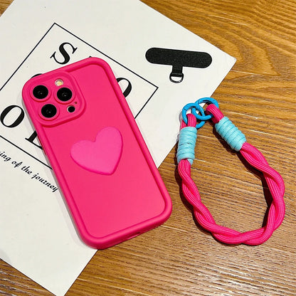 Luxury 3D Love Heart Matte Soft Lanyard Rope Phone Case For iPhone