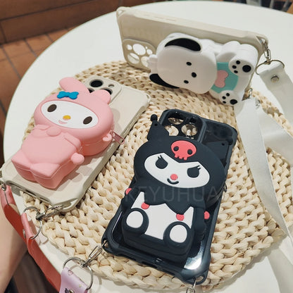 Cartoon Pochacco My Melody Kuromi Crossbody Strap Wallet Phone Case