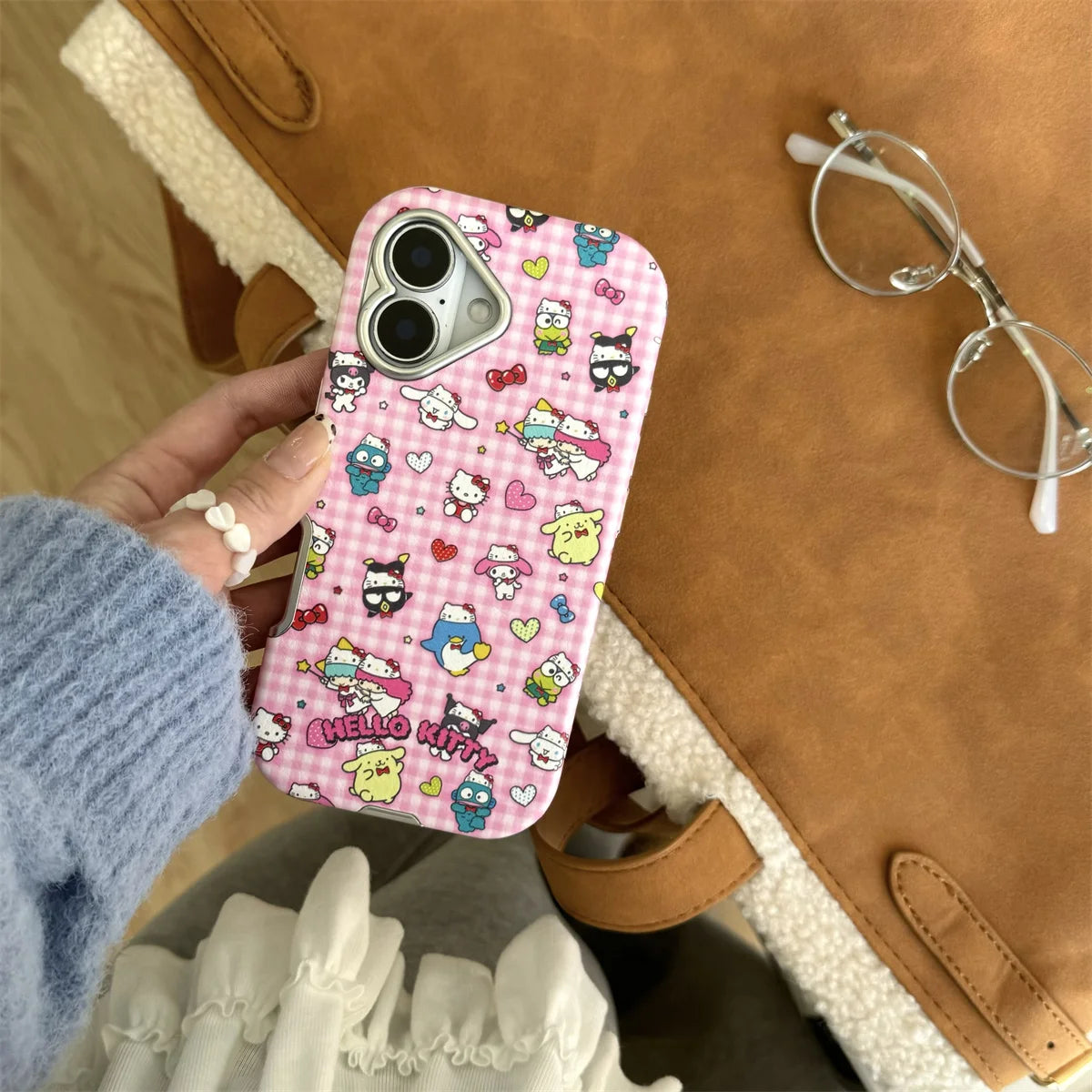 New Pink Checkered Hello Kitty Leather Phone Case