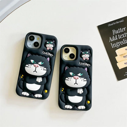 3D Cute Cartoon Cat Telescopic Bracket Soft Silicone Phone Case For iPhone