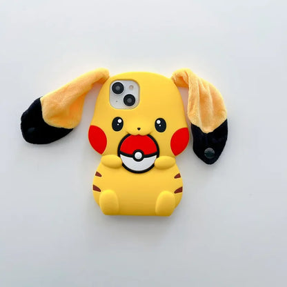 3D Plush Big Ears Kawaii Cartoon Pikachu Soft Silicone Phone Case For iPhone