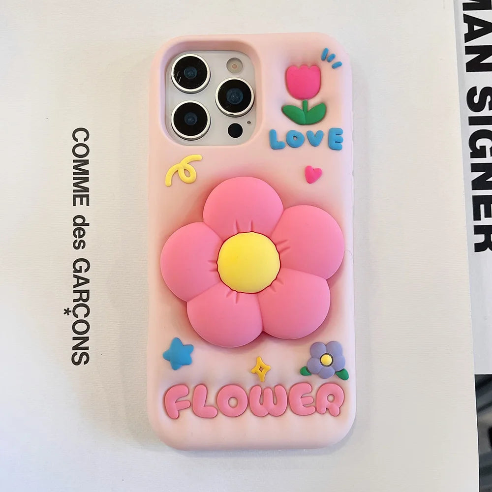 Cute 3D Floral Bracket Soft Silicone Case Flower Stand Holder Cover for iPhone