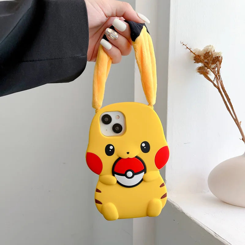 3D Plush Big Ears Kawaii Cartoon Pikachu Soft Silicone Phone Case For iPhone