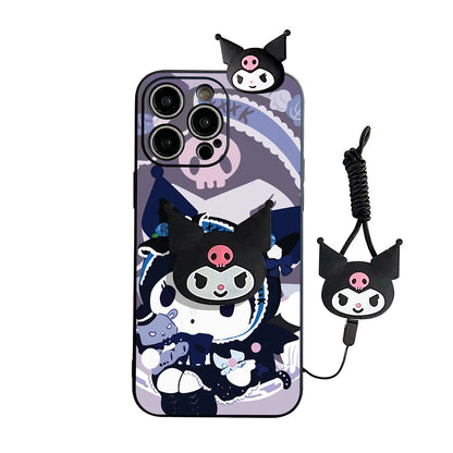 Cartoon Kuromi Head Case With Holder Rope Phone Case