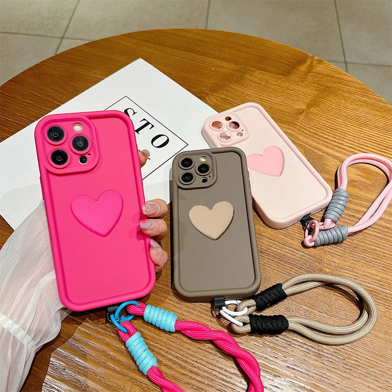 Luxury 3D Love Heart Matte Soft Lanyard Rope Phone Case For iPhone