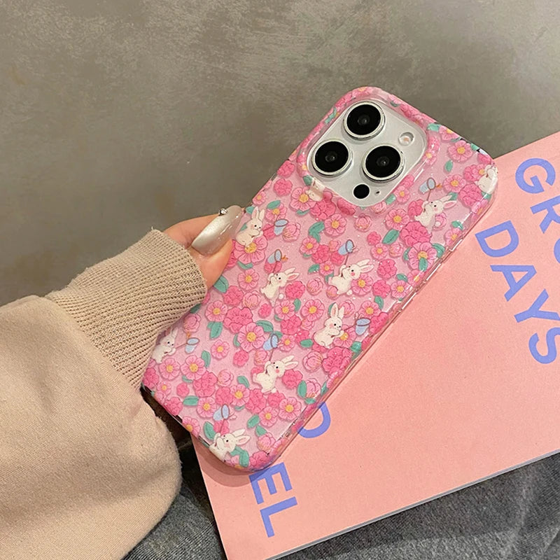 Stylish Colorful Flowers Cute Rabbit Glitter Phone Case