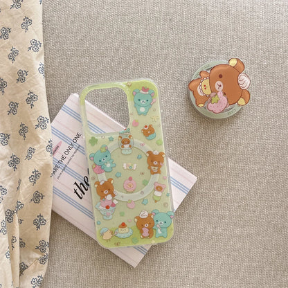 Magnetic Shell With Painted Four Leaf Clover Bear Phone Case and Rotating Magnetic Bracket For iPhone
