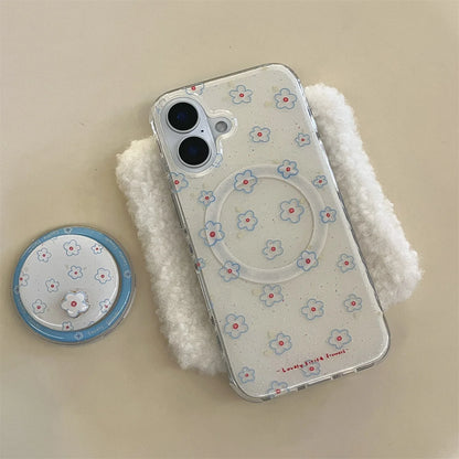 Blue Small Floral Flower Wallet With Holder Cover Phone Case