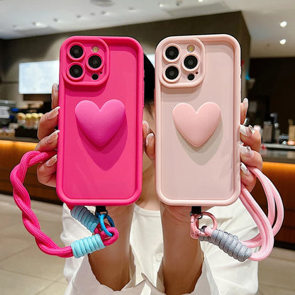 Luxury 3D Love Heart Matte Soft Lanyard Rope Phone Case For iPhone
