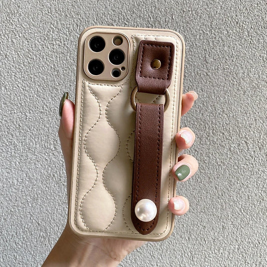 Fashion Leather Pearl Wrist Strap Stand Phone Case