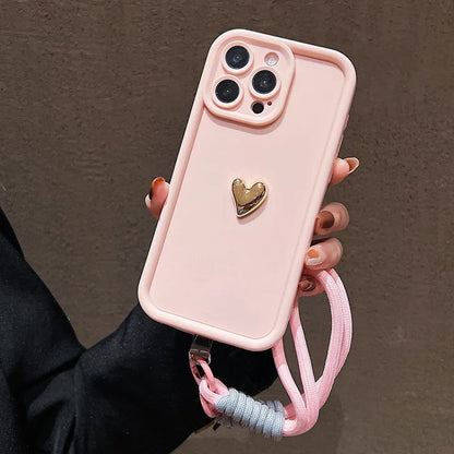 3D Gold Heart Soft Lanyard Rope Phone Case For iPhone