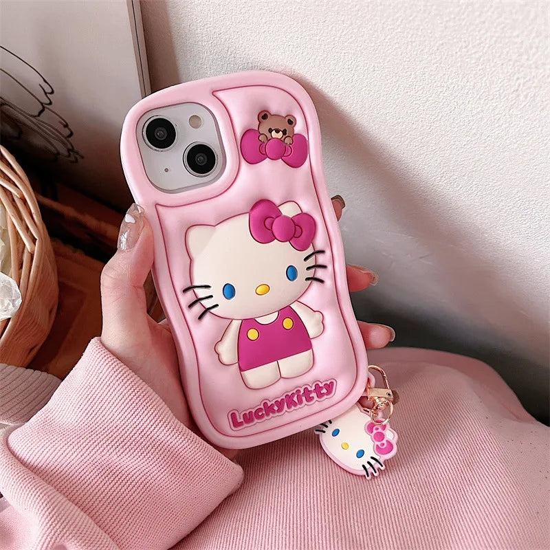 Kawaii Cartoon Hello Kitty With Pendant Soft Silicone Wave Phone Case For iPhone