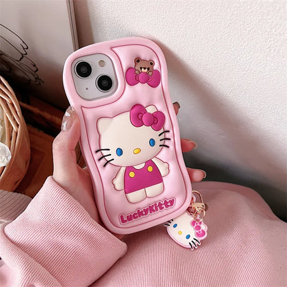 Kawaii Cartoon Hello Kitty With Pendant Soft Silicone Wave Phone Case For iPhone