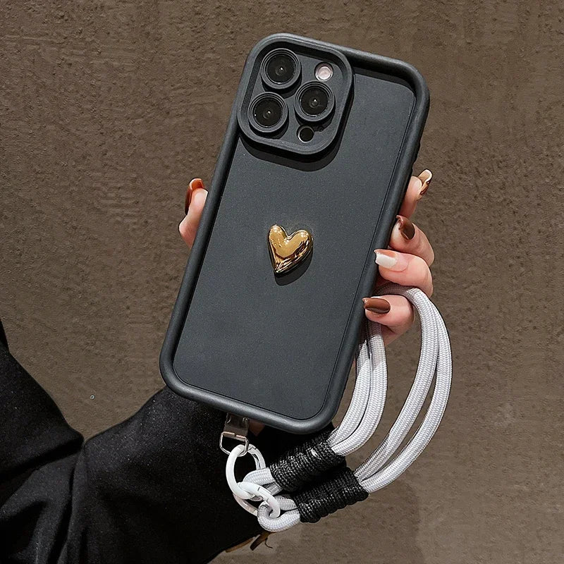3D Gold Heart Soft Lanyard Rope Phone Case For iPhone