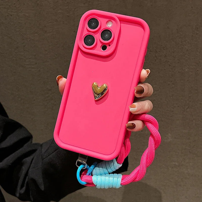 3D Gold Heart Soft Lanyard Rope Phone Case For iPhone