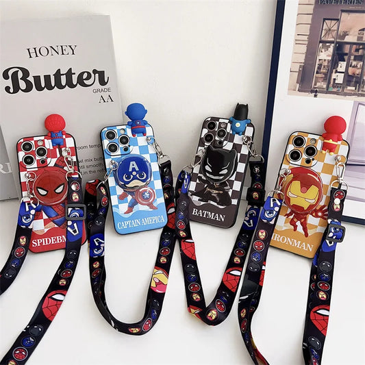 Cartoon 3D Spiderman Plaid Phone Case With Holder Lanyard For iPhone
