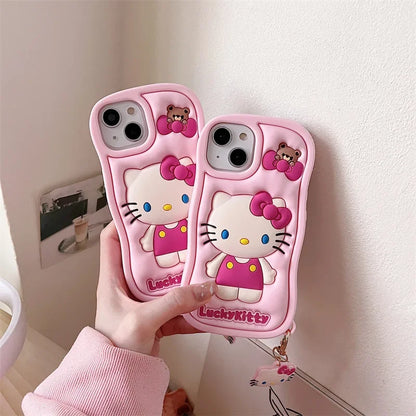 Kawaii Cartoon Hello Kitty With Pendant Soft Silicone Wave Phone Case For iPhone