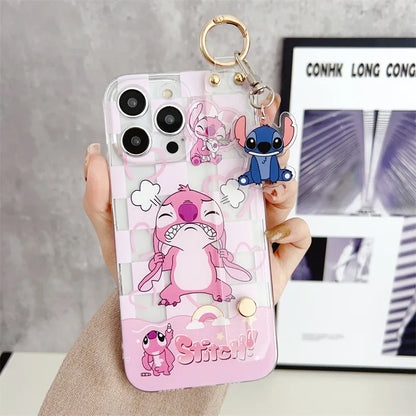 Cute Cartoon Stitch Couple Phone Case With Clear Strap Lanyard For iPhone