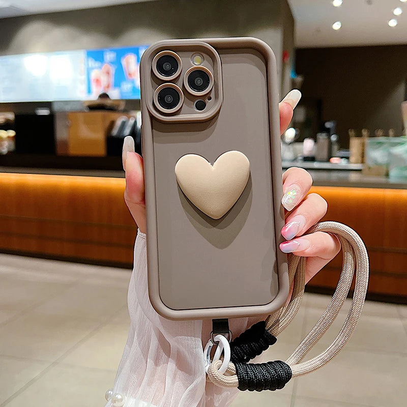 Luxury 3D Love Heart Matte Soft Lanyard Rope Phone Case For iPhone