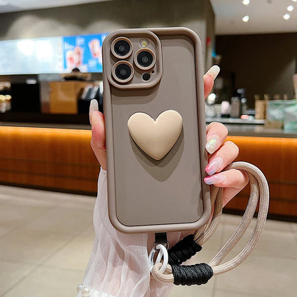 Luxury 3D Love Heart Matte Soft Lanyard Rope Phone Case For iPhone