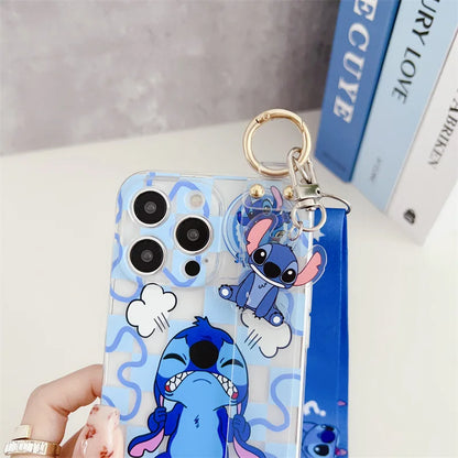 Cute Cartoon Stitch Couple Phone Case With Clear Strap Lanyard For iPhone