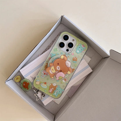 Magnetic Shell With Painted Four Leaf Clover Bear Phone Case and Rotating Magnetic Bracket For iPhone