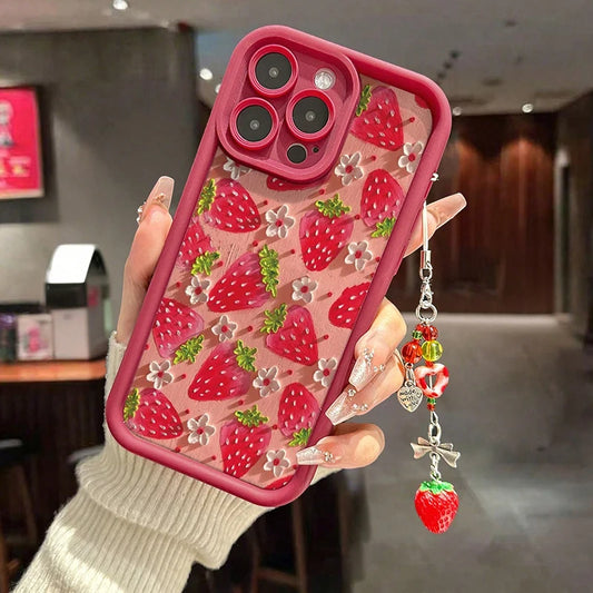 Flower Strawberry Painting Pendant Chain Phone Case For iPhone
