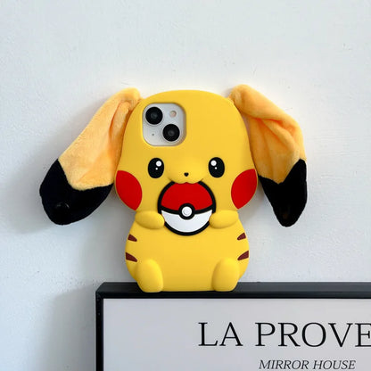3D Plush Big Ears Kawaii Cartoon Pikachu Soft Silicone Phone Case For iPhone