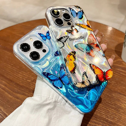 Luxury Letter Butterfly Silver Gradual feather sand Phone Case For iPhone