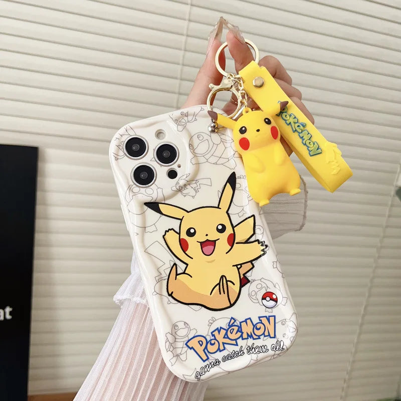 Cartoon Pikachu Gengar Wave Phone Case With Keychain For iPhone