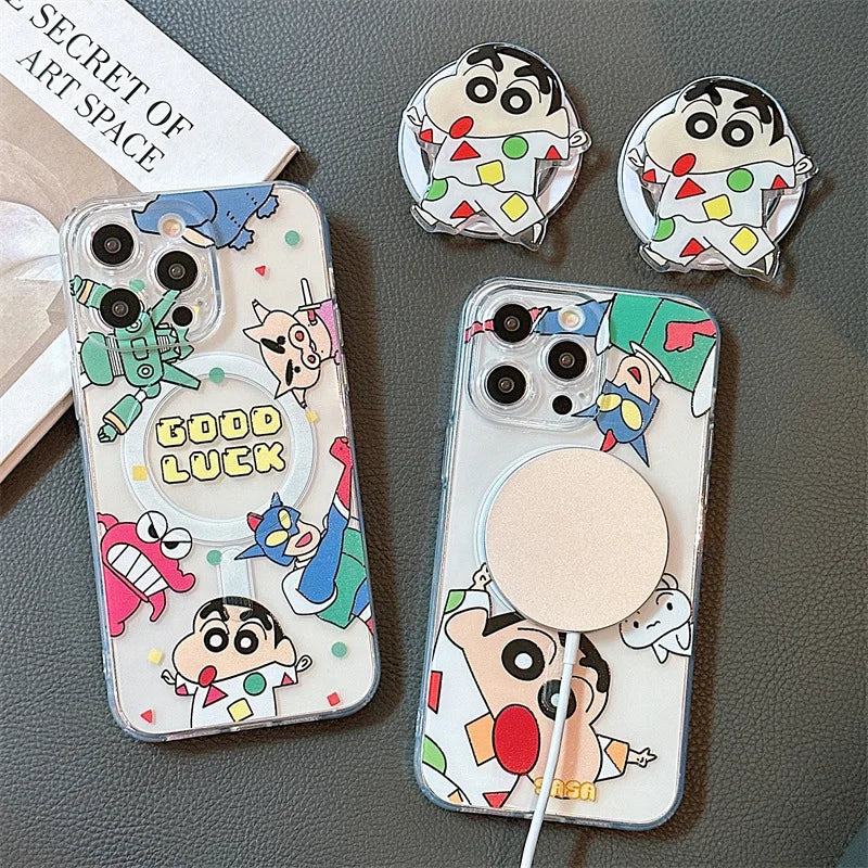 Cute Cartoon Crayons Shin-chan Holder Magnetic Couple Phone Case For iPhone