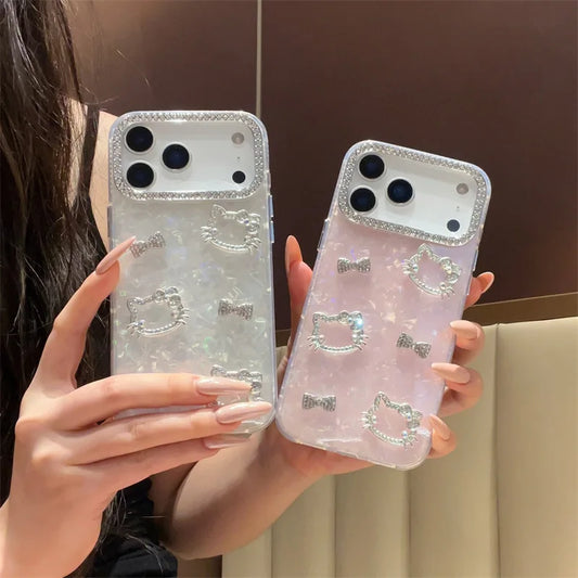 Luxury Glitter Rhinestone Camera Border 3D Hello Kitty Bowknot Shell Pattern Phone Case For iPhone