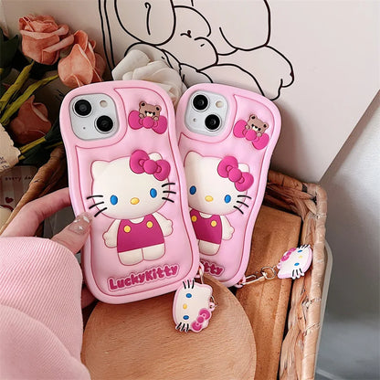 Kawaii Cartoon Hello Kitty With Pendant Soft Silicone Wave Phone Case For iPhone