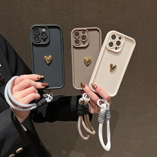 3D Gold Heart Soft Lanyard Rope Phone Case For iPhone