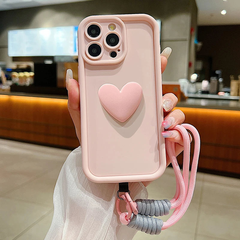 Luxury 3D Love Heart Matte Soft Lanyard Rope Phone Case For iPhone