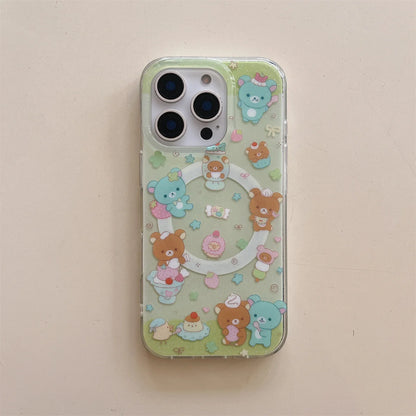 Magnetic Shell With Painted Four Leaf Clover Bear Phone Case and Rotating Magnetic Bracket For iPhone