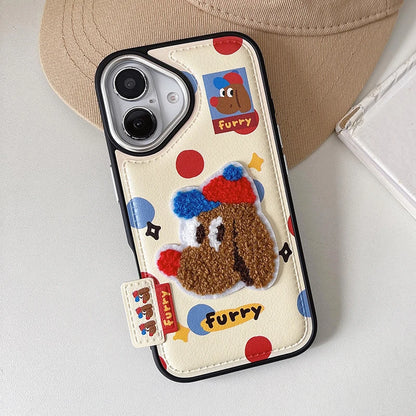 Cute Cartoon Embroidery Bear Dog Leather Phone Case