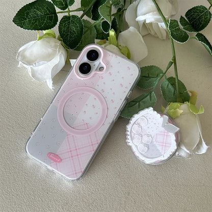 Korean Cute Fresh Pink Lattice Floral Print Magnetic Apple Holder Phone Case For iPhone