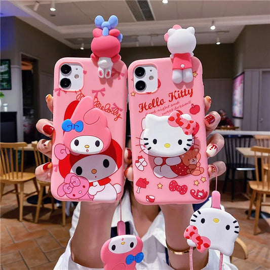 3D Cartoon My Melody Hello Kitty Holder Lanyard Phone Case For iPhone