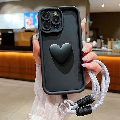 Luxury 3D Love Heart Matte Soft Lanyard Rope Phone Case For iPhone