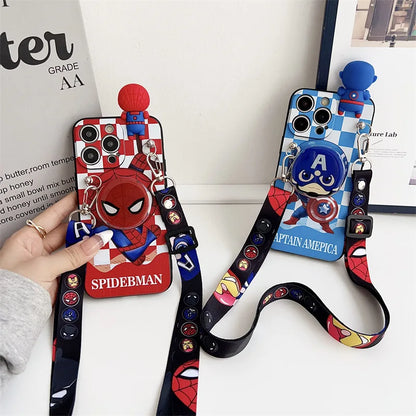 Cartoon 3D Spiderman Plaid Phone Case With Holder Lanyard For iPhone
